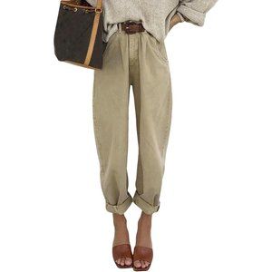 Women High Waisted Wide Leg 90s Boyfriend Harem Cropped Pants Jeans-Khaki